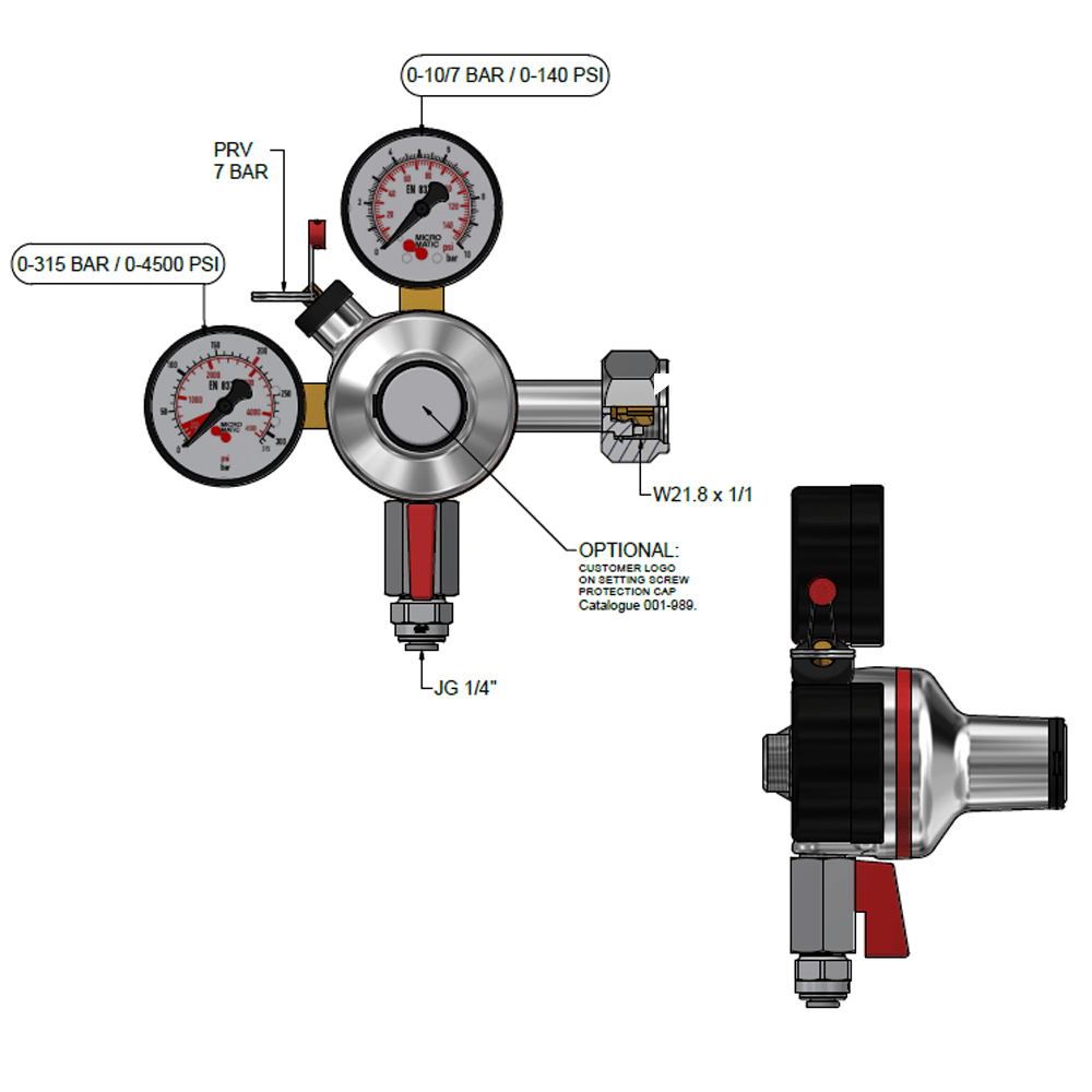 Micro Matic CO₂ drukregelaar 1 kraans 0-10 bar 3-8 - schema